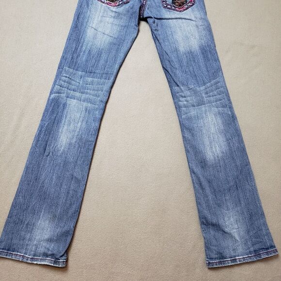 Cowgirl Tuff lowrise flare embroidered sugar skull jeans pink thick stitch sz 24 - Picture 10 of 16